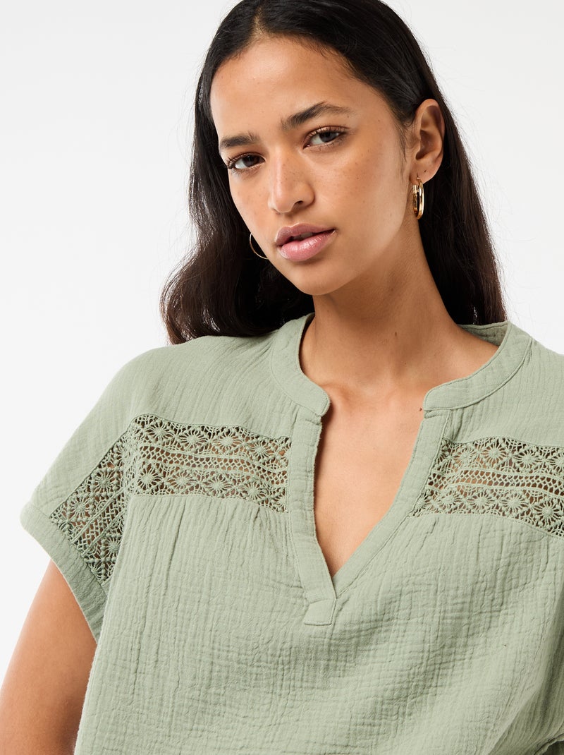 Blouse en double gaze de coton avec broderies Bleu - Kiabi