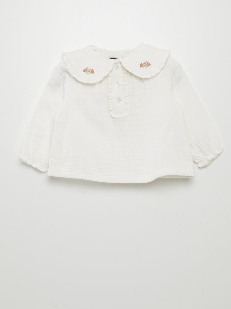 Blouse en double gaze de coton avec col claudine Blanc - Kiabi