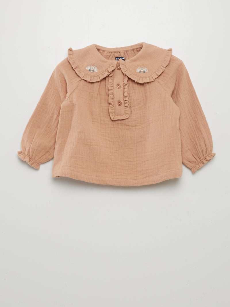 Blouse en double gaze de coton avec col claudine Rose - Kiabi