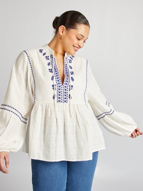 Blouse en gaze de coton avec broderies - Kiabi