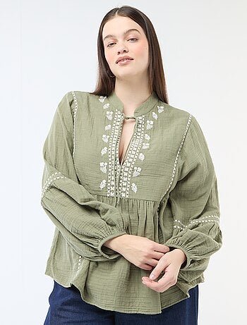 Blouse en gaze de coton avec broderies fantaisies et cordons au col