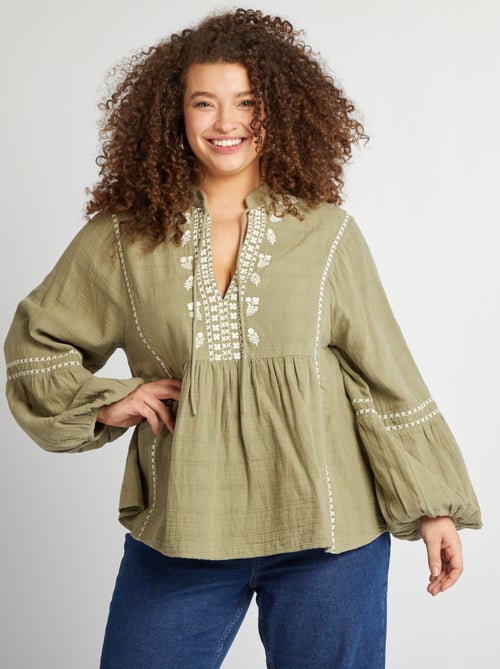 Blouse en gaze de coton avec broderies - Kiabi