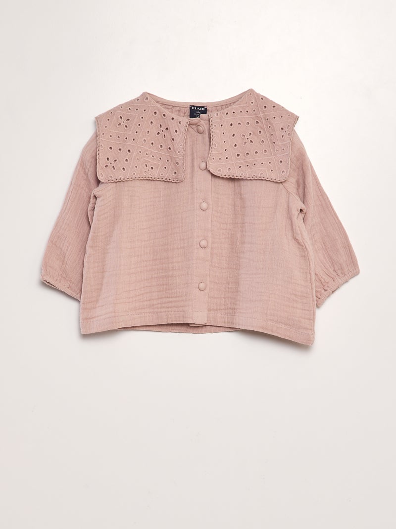 Blouse en gaze de coton avec col brodé Vieux rose - Kiabi