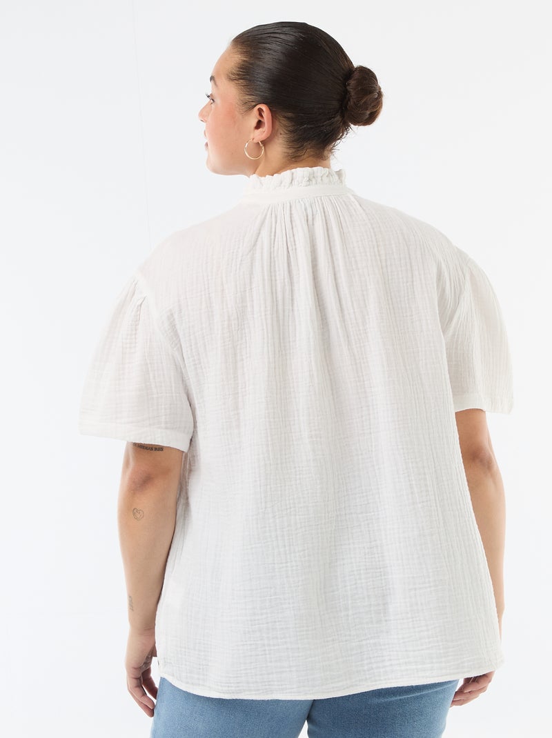 Blouse en gaze de coton avec col froncé Blanc - Kiabi