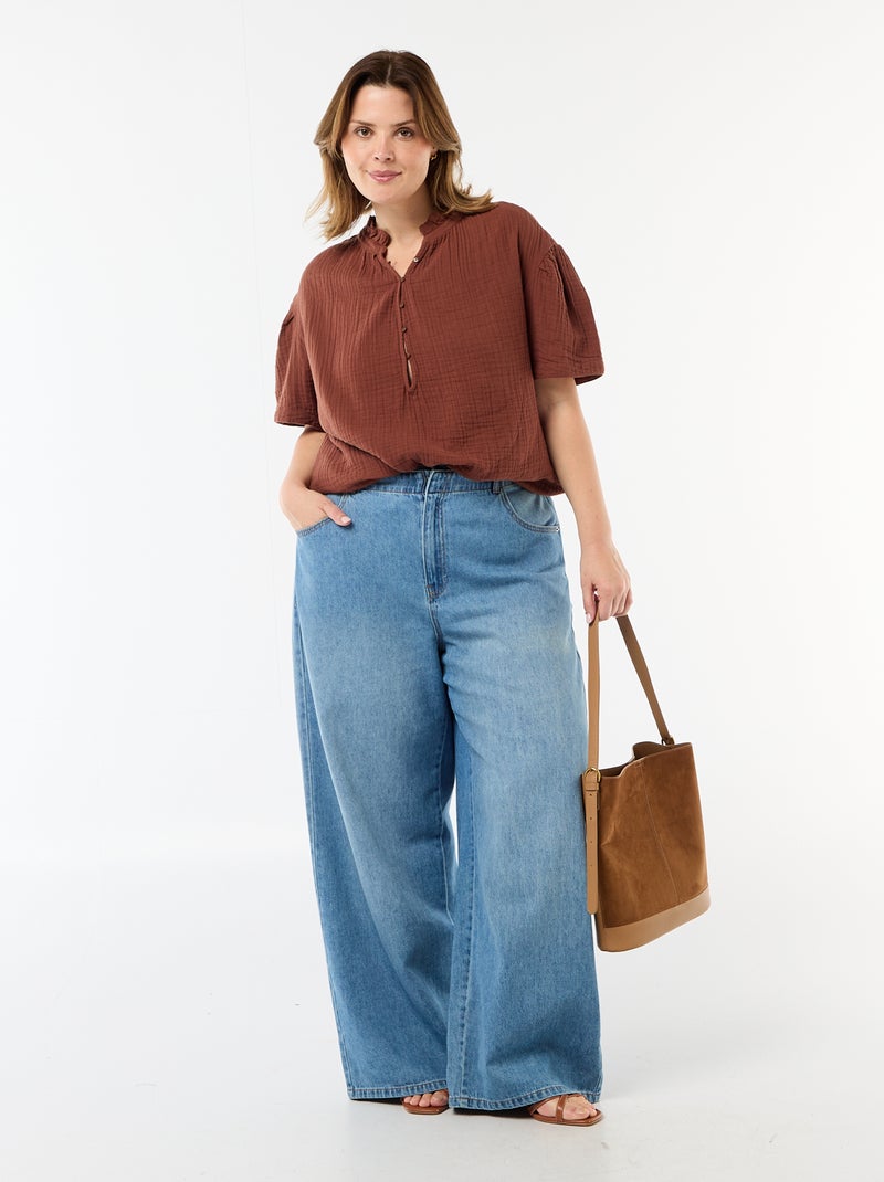 Blouse en gaze de coton avec col froncé Marron - Kiabi