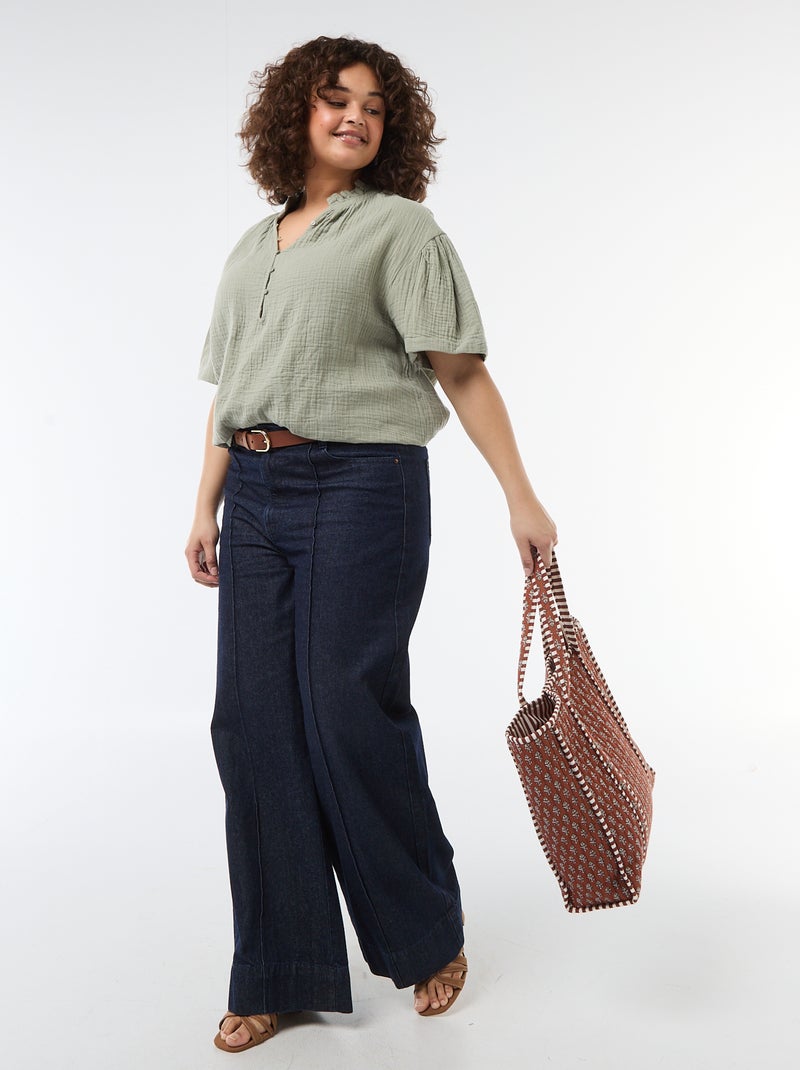 Blouse en gaze de coton avec col froncé Vert - Kiabi