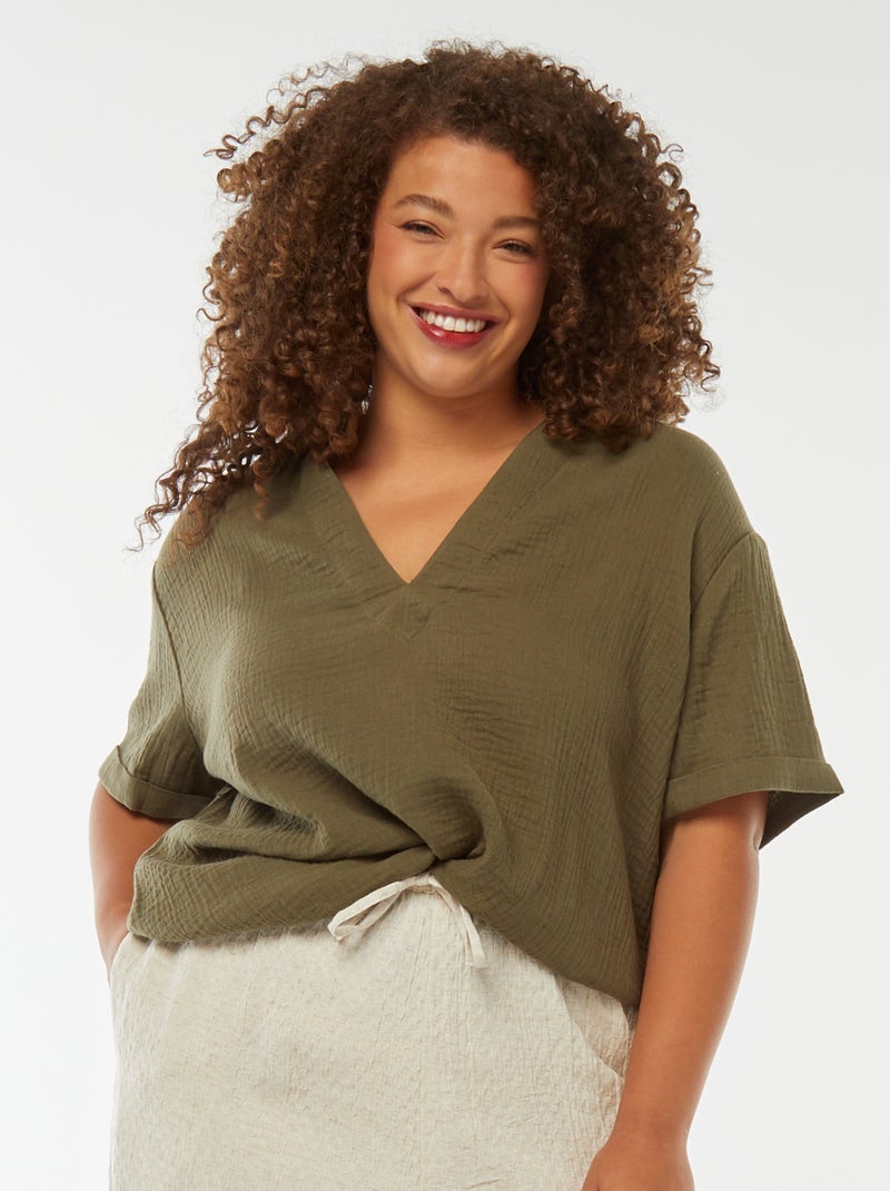 Blouse en gaze de coton avec col polo Kaki - Kiabi