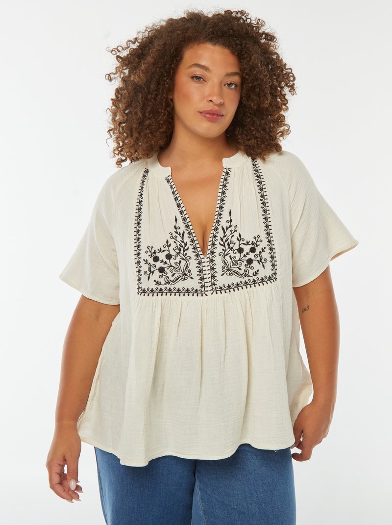 Blouse en gaze de coton avec encolure brodée Blanc - Kiabi
