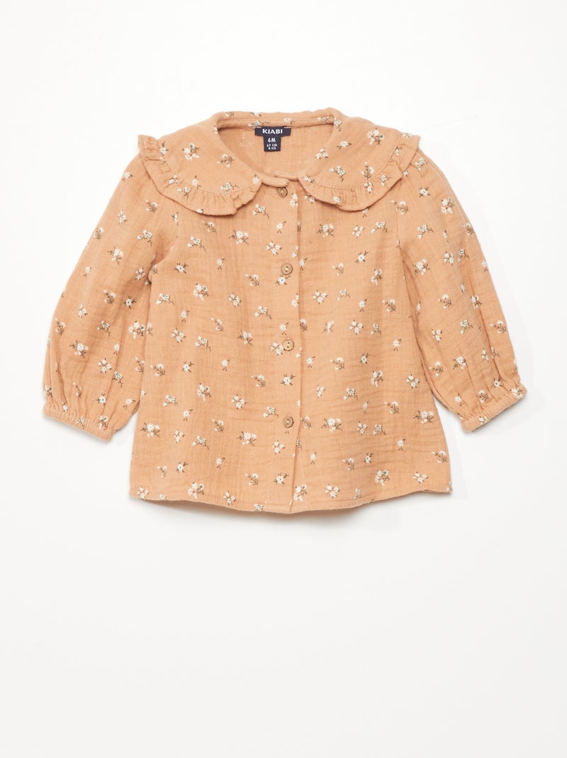 Blouse en gaze de coton imprimé fleuri Vieux rose - Kiabi