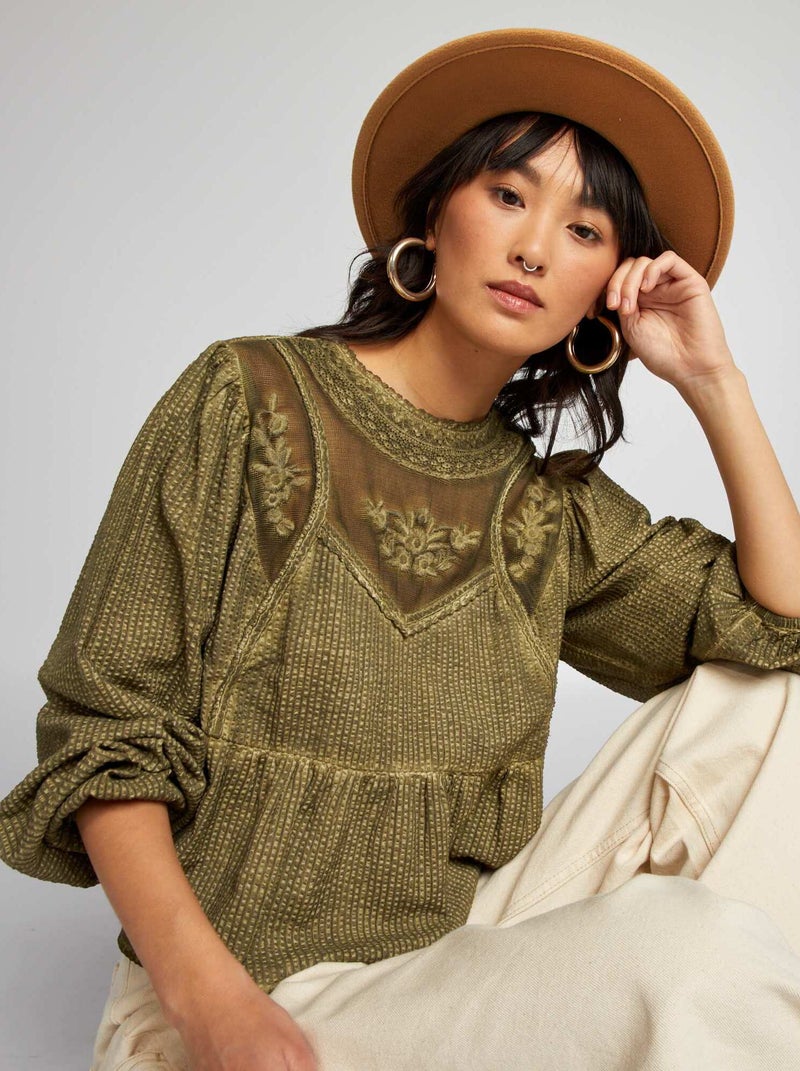 Blouse en gaze de coton Kaki - Kiabi