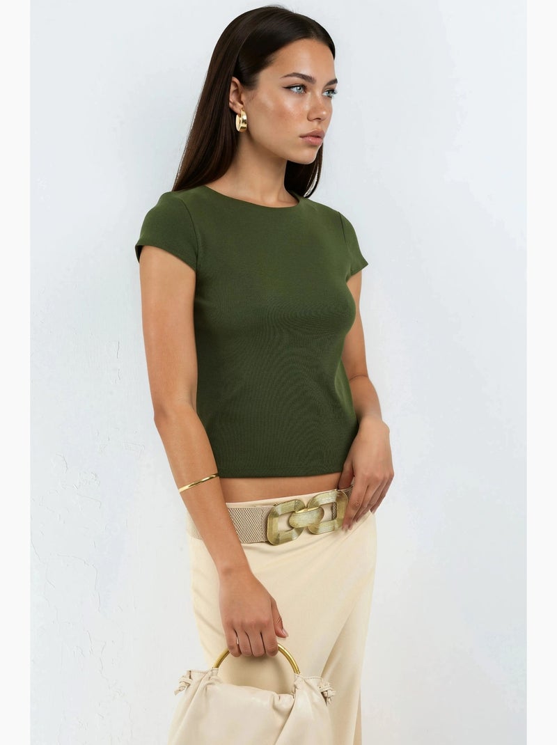 Blouse en mélange de coton à col rond et manches courtes busem Kaki - Kiabi