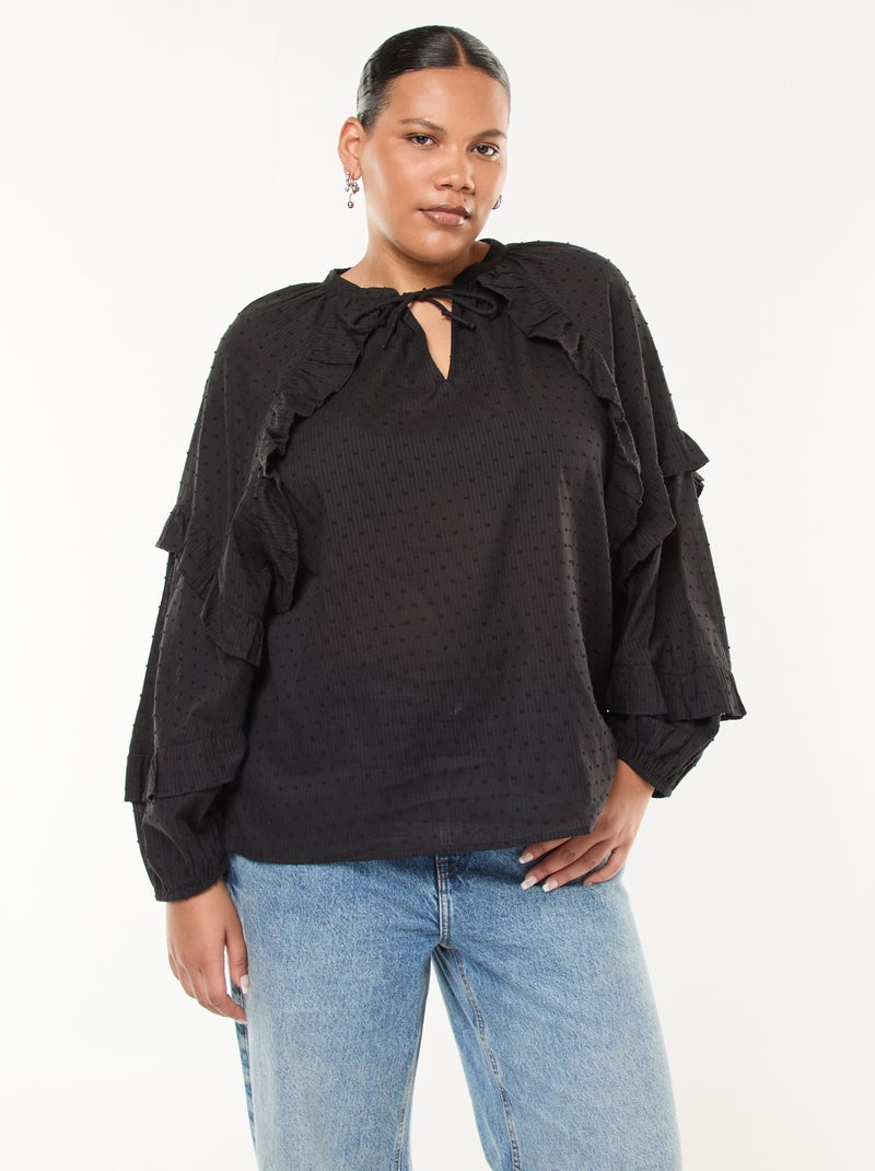 Blouse en plumetis volantée avec liens à nouer au col Noir - Kiabi