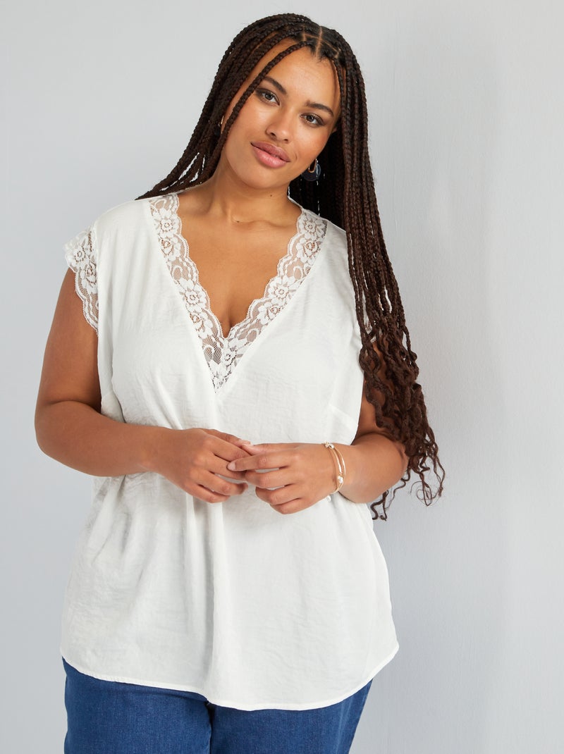 Blouse encolure V avec dentelle blanc - Kiabi