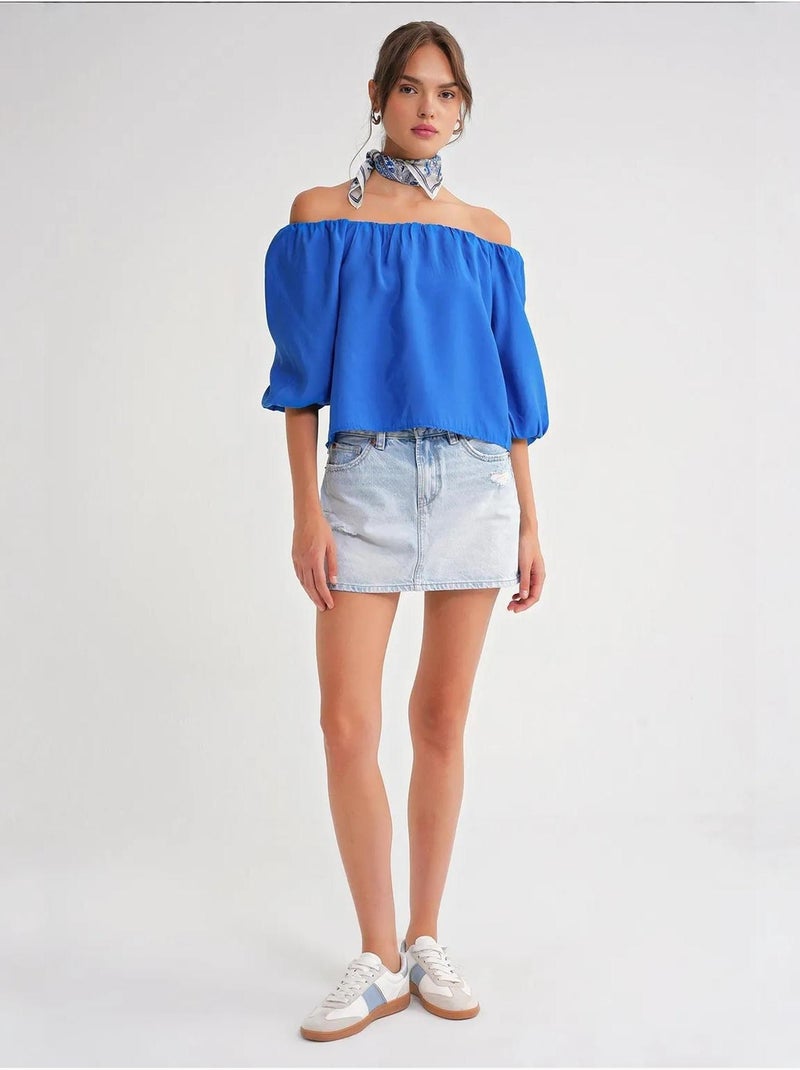 Blouse femme regular avec col madonna et détail volanté mixray Bleu cobalt - Kiabi
