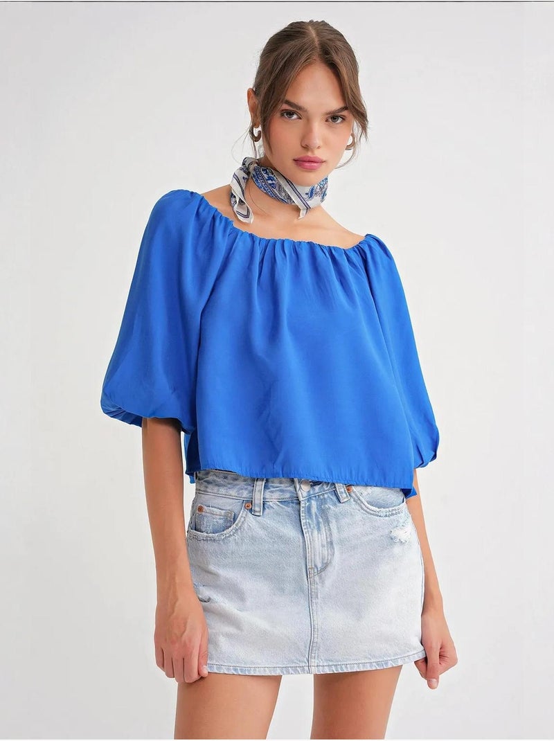 Blouse femme regular avec col madonna et détail volanté mixray Bleu cobalt - Kiabi