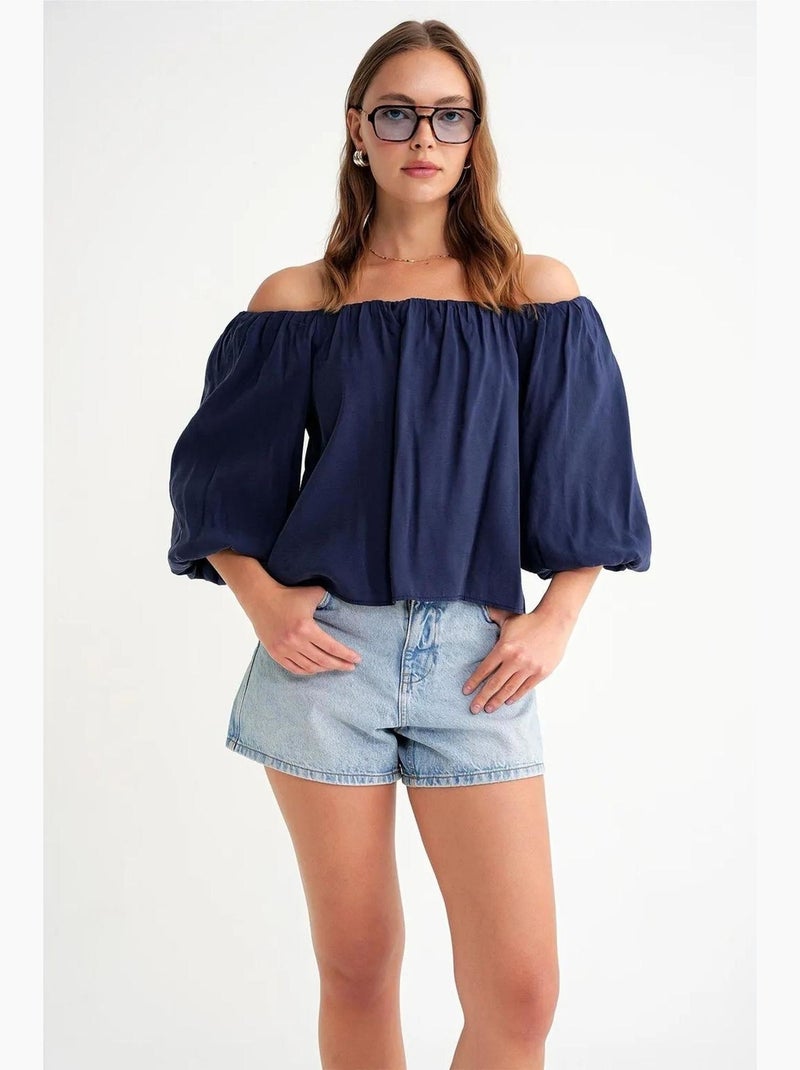 Blouse femme regular avec col madonna et détail volanté mixray Bleu marine - Kiabi