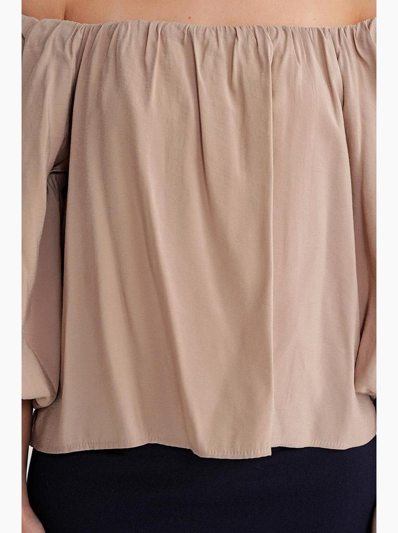 Blouse femme regular avec col madonna et détail volanté mixray Camel - Kiabi