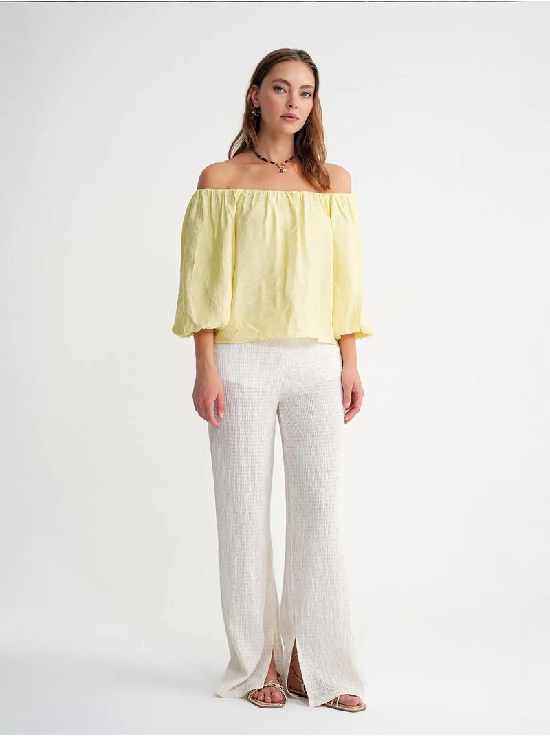 Blouse femme regular avec col madonna et détail volanté mixray Jaune citron - Kiabi