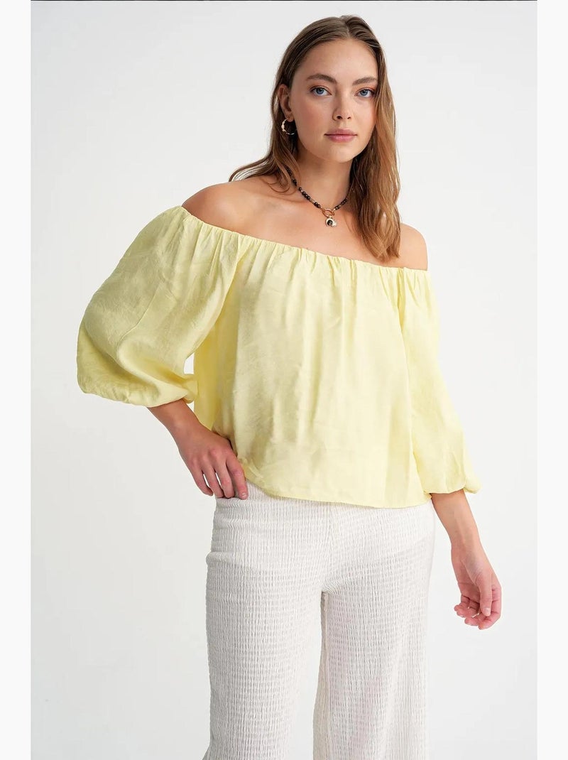 Blouse femme regular avec col madonna et détail volanté mixray Jaune citron - Kiabi