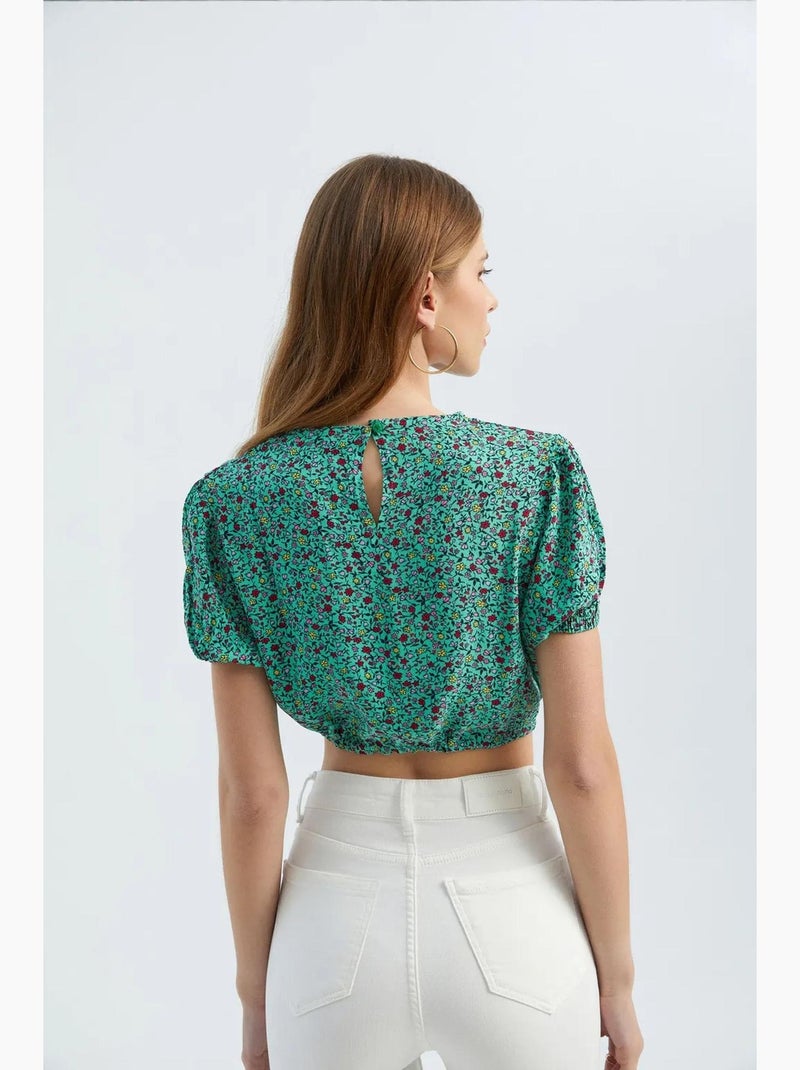 Blouse fleurie à col rond et lien à la taille hiccup Vert - Kiabi