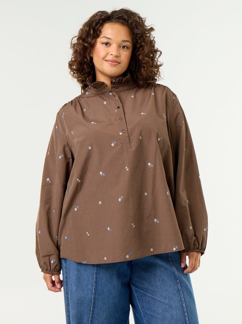Blouse fleurs brodées avec col montant Marron - Kiabi
