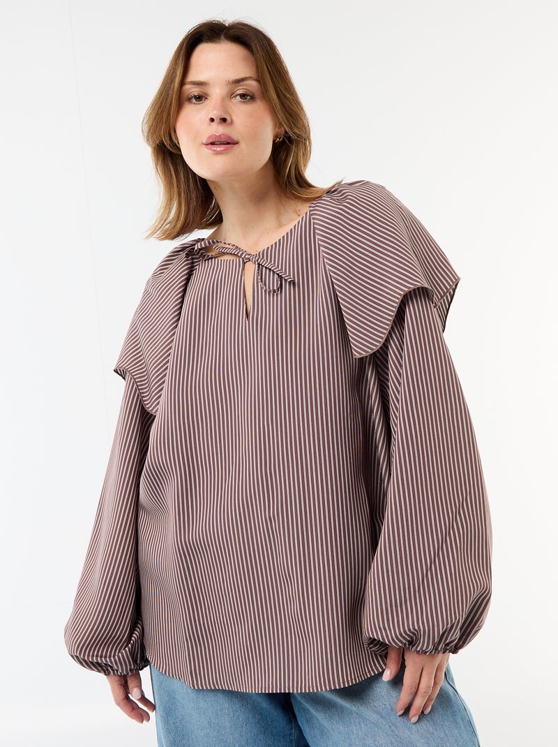 Blouse fluide à manches longues et large volant au col Marron - Kiabi