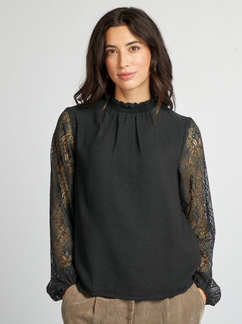 Blouse fluide avec col volanté et manches en dentelle - Kiabi