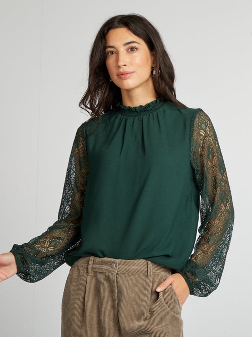 Blouse fluide avec col volanté et manches en dentelle - Kiabi