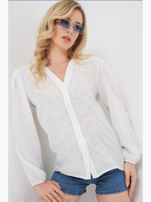 Blouse geborduurd v-hals met knopen bdart - Kiabi