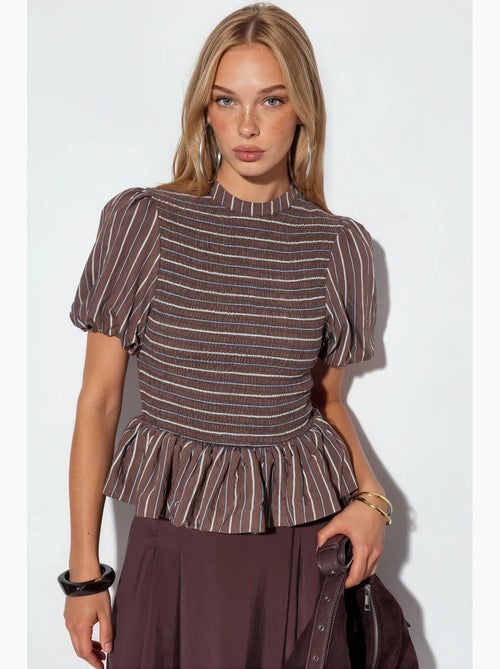 Blouse gestreept structuur met ruches busem - Kiabi Blouse gestreept structuur met ruches busem - Kiabi