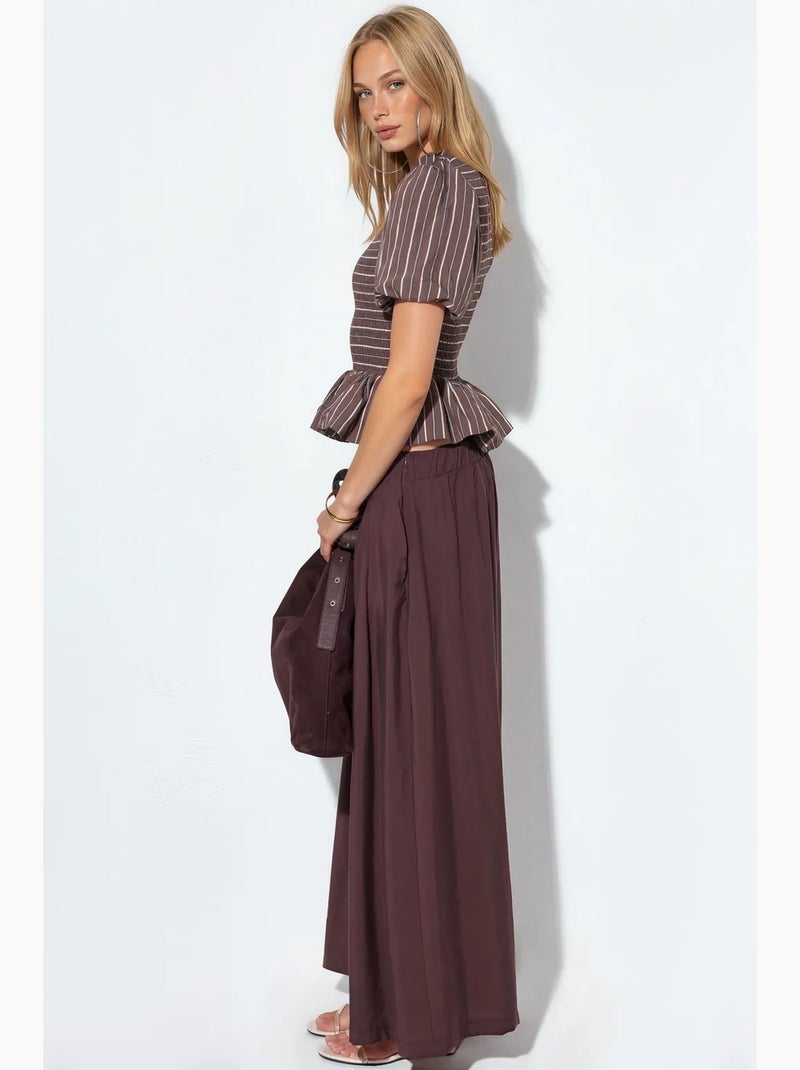 Blouse gestreept structuur met ruches busem Bruin - Kiabi