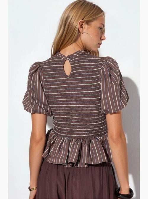 Blouse gestreept structuur met ruches busem - Kiabi Blouse gestreept structuur met ruches busem - Kiabi