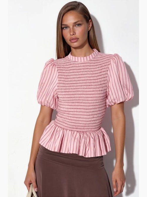 Blouse gestreept structuur met ruches busem - Kiabi Blouse gestreept structuur met ruches busem - Kiabi