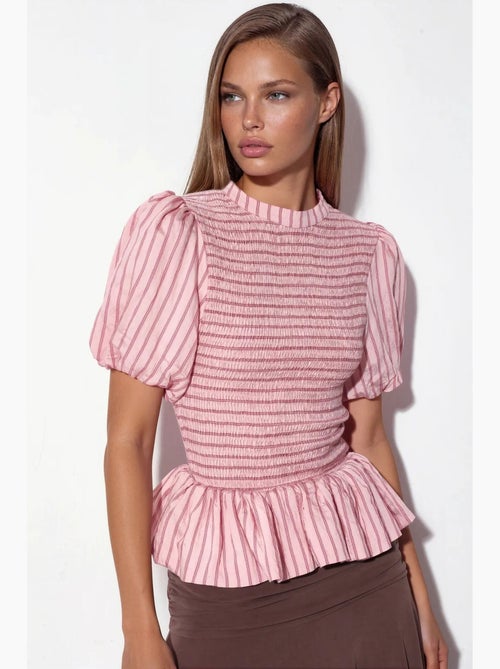 Blouse gestreept structuur met ruches busem - Kiabi Blouse gestreept structuur met ruches busem - Kiabi