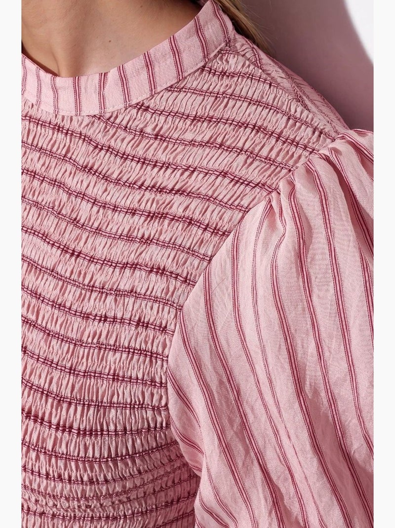 Blouse gestreept structuur met ruches busem Roze - Kiabi
