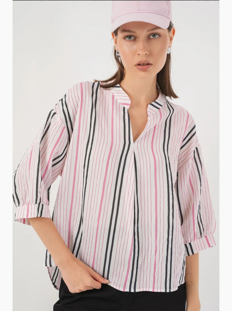 Blouse gestreept v-hals bdart Roze - Kiabi