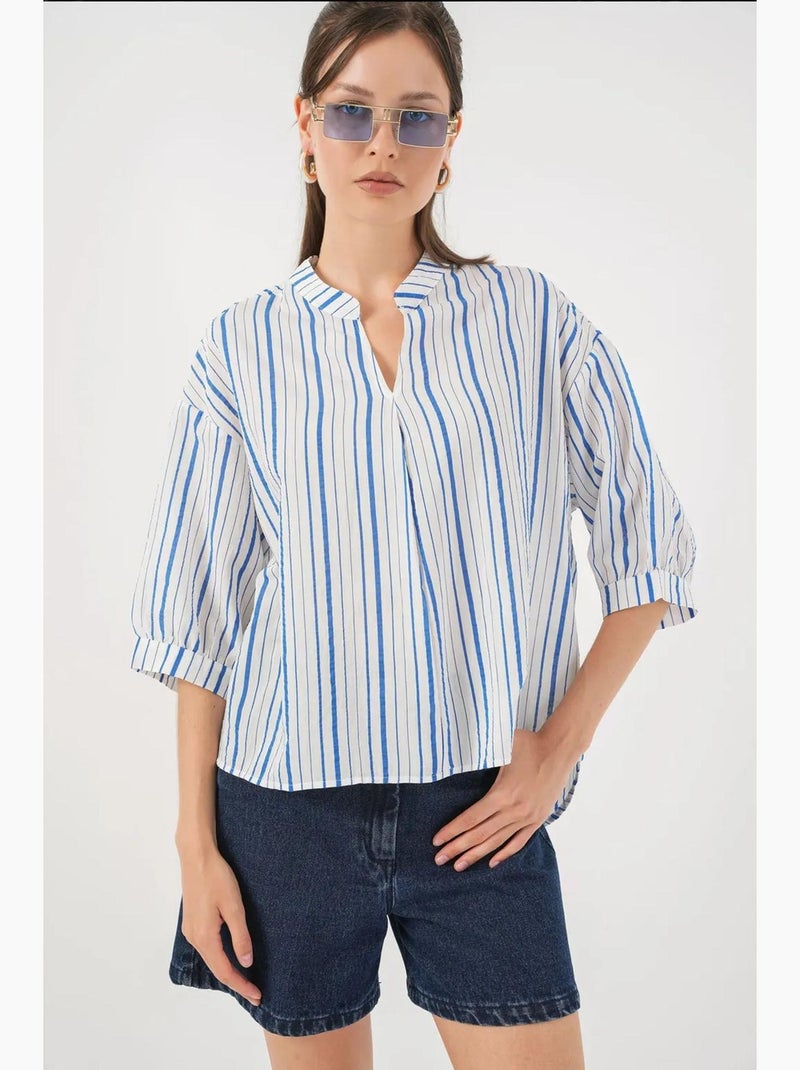 Blouse gestreept v-hals bdart Saffierblauw - Kiabi