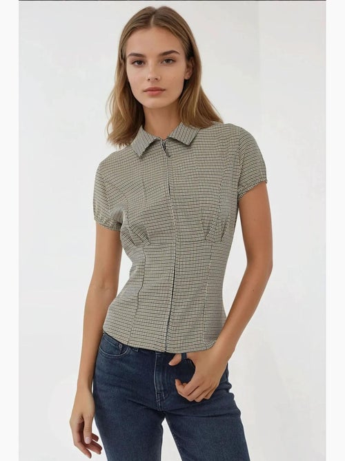 Blouse getailleerd ruitjes overhemdkraag hiccup - Kiabi