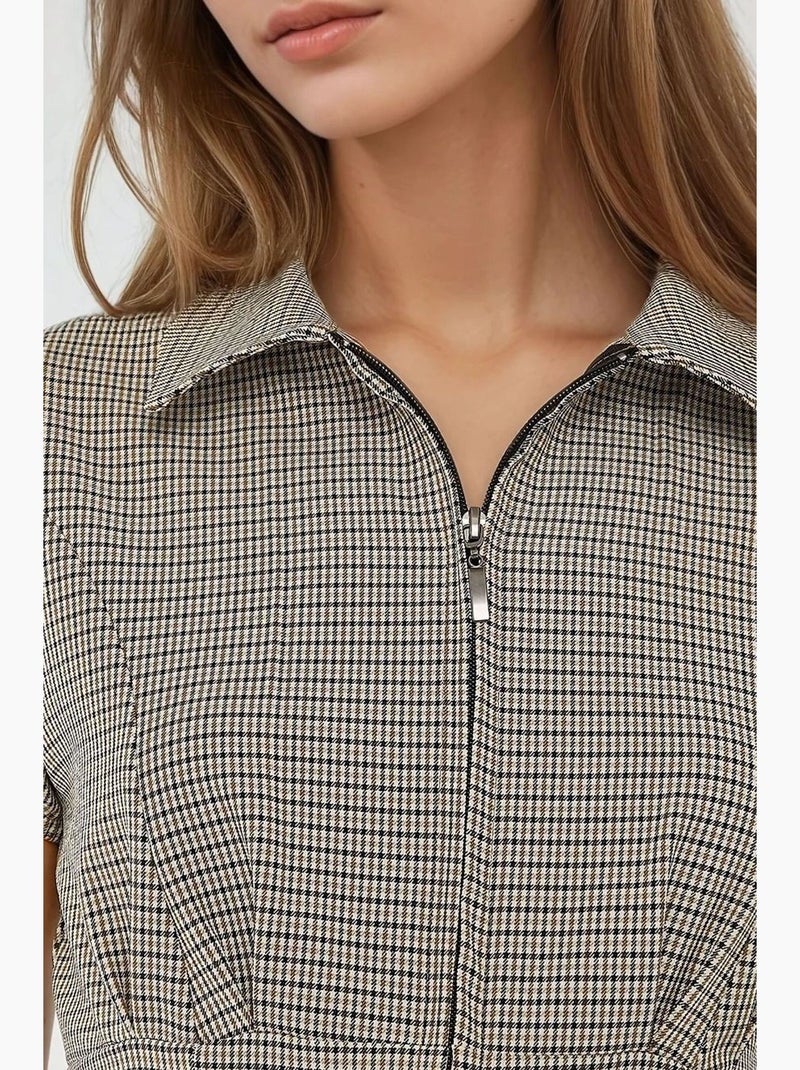 Blouse getailleerd ruitjes overhemdkraag hiccup Crème - Kiabi