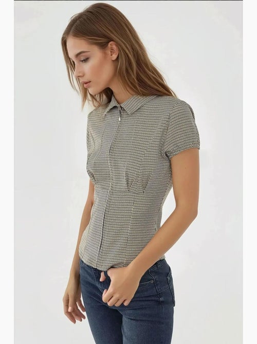 Blouse getailleerd ruitjes overhemdkraag hiccup - Kiabi