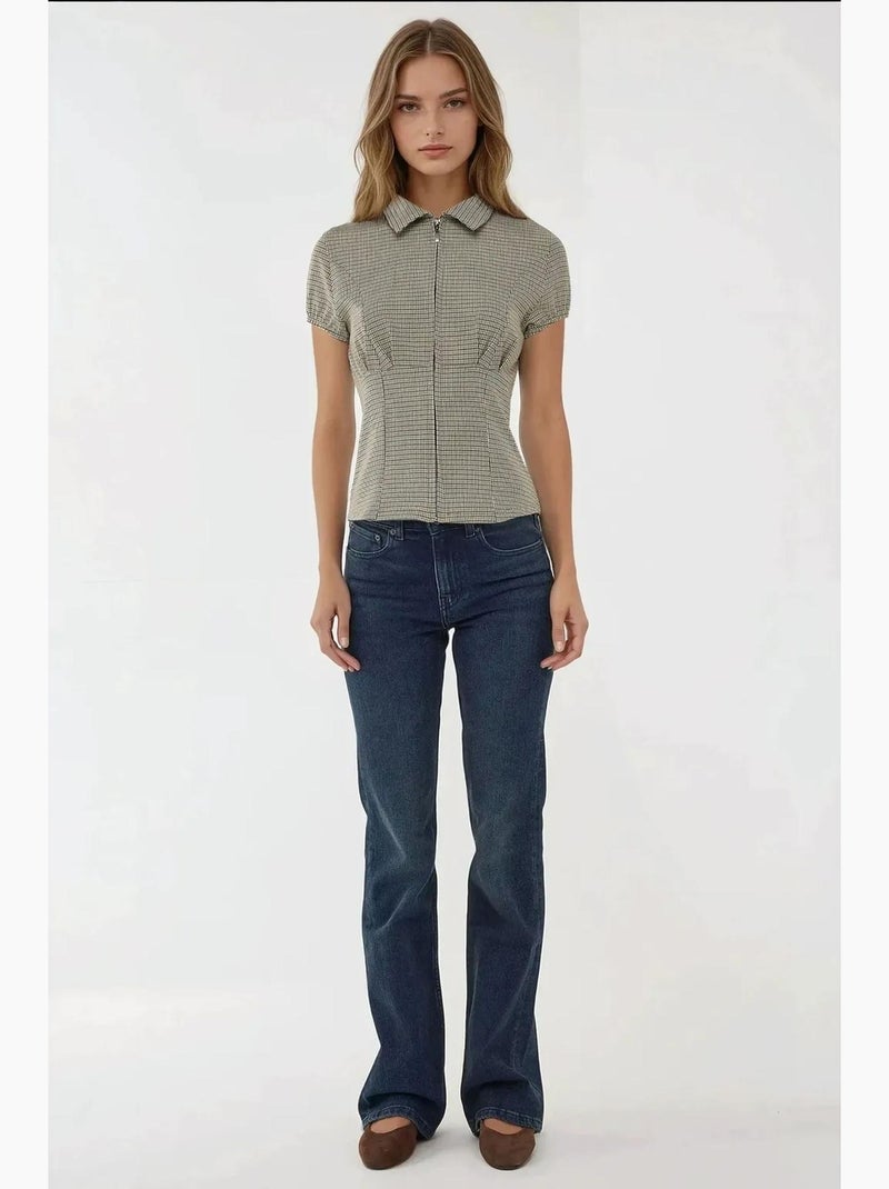 Blouse getailleerd ruitjes overhemdkraag hiccup Crème - Kiabi