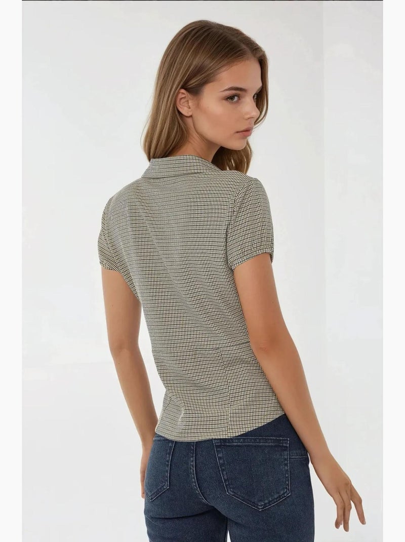Blouse getailleerd ruitjes overhemdkraag hiccup Crème - Kiabi