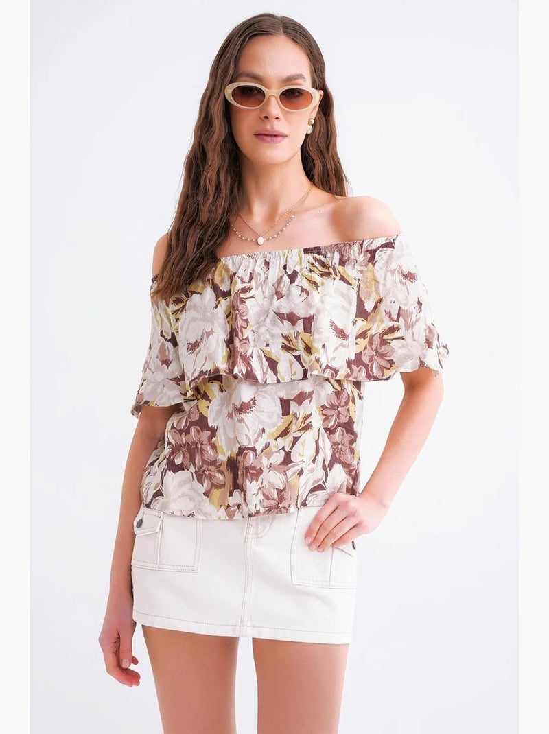 Blouse imprimé fleuri épaules dénudées mixray Camel - Kiabi