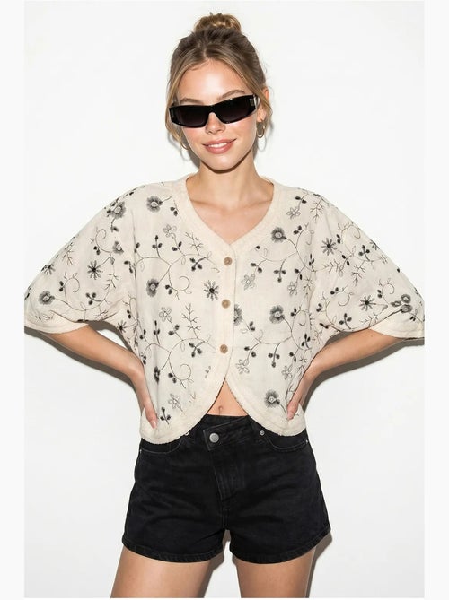 Blouse kort bloemen v-hals lucci - Kiabi
