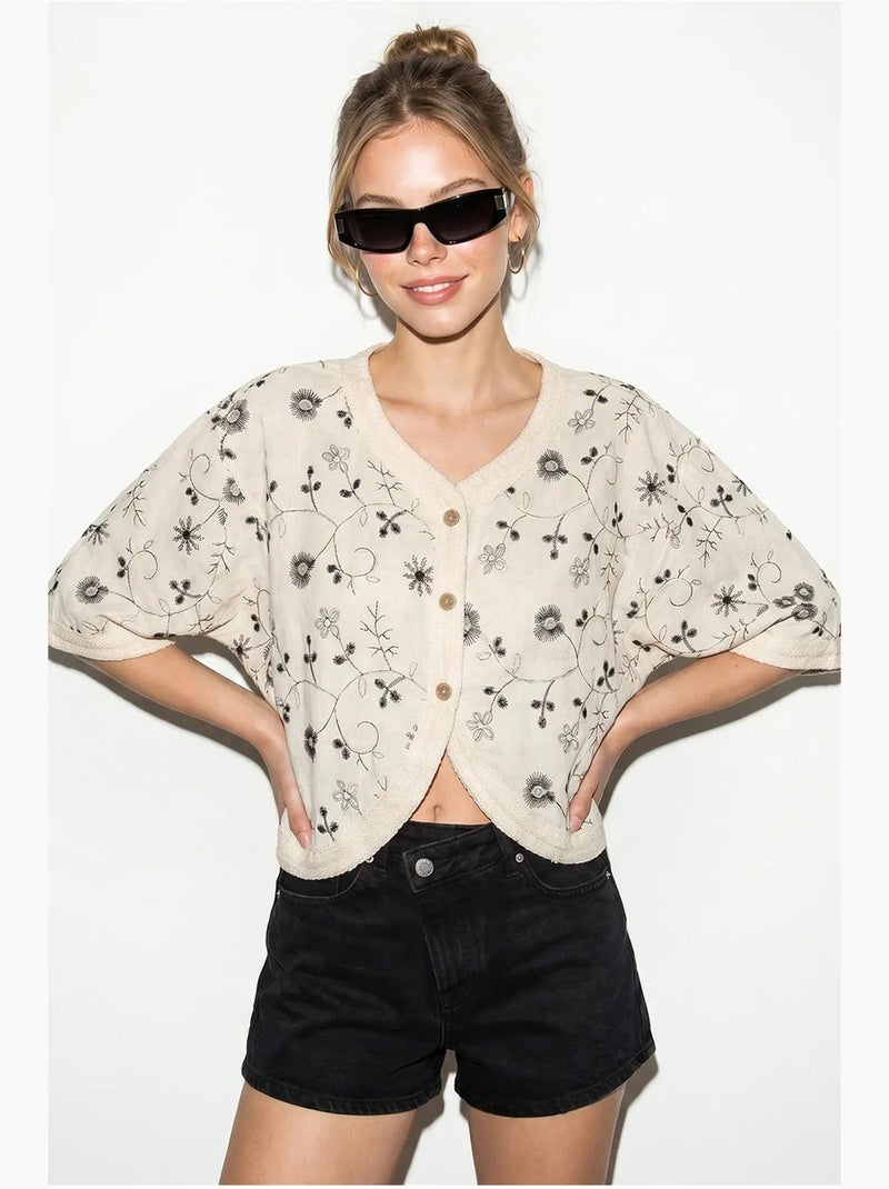 Blouse kort bloemen v-hals lucci Natuurlijk beige - Kiabi