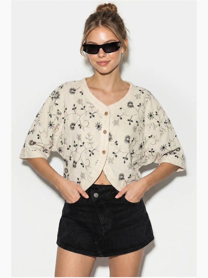 Blouse kort bloemen v-hals lucci Natuurlijk beige - Kiabi