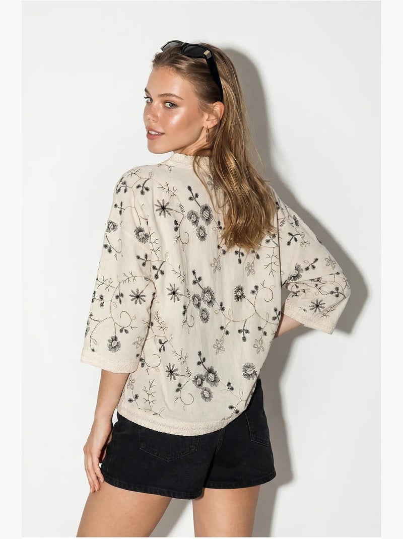 Blouse kort bloemen v-hals lucci Natuurlijk beige - Kiabi