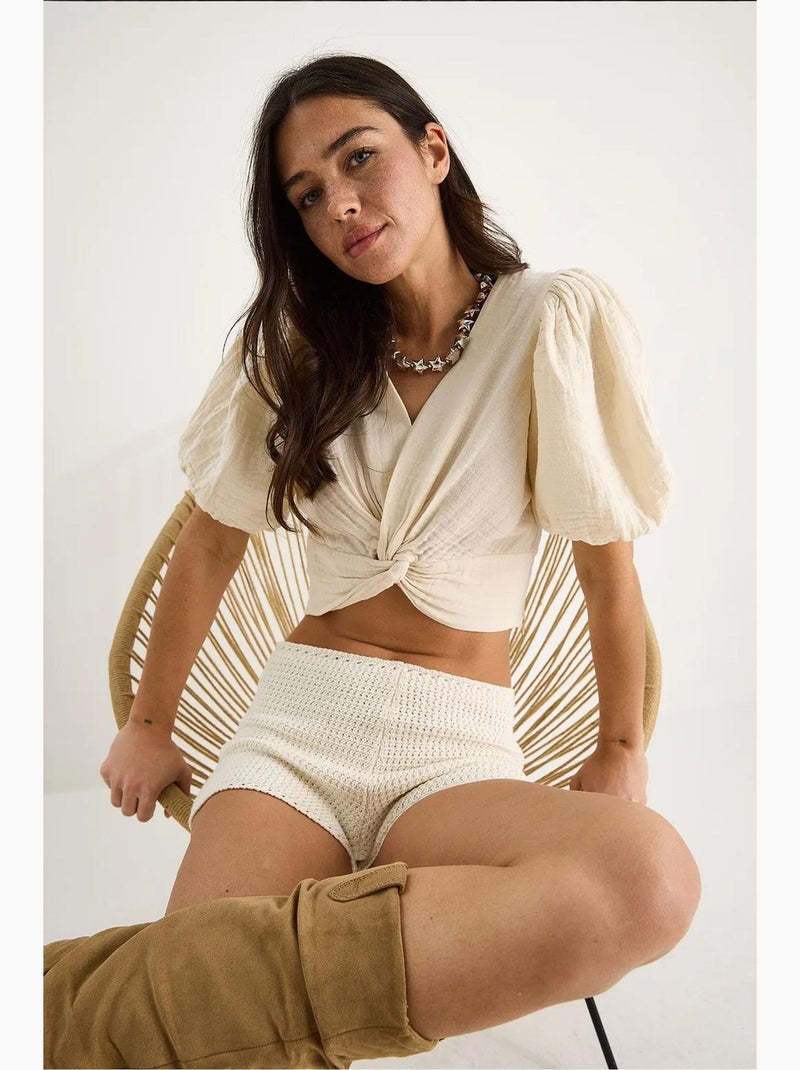 Blouse kort getailleerd structuur v-hals breisel detail lucci Klei-beige - Kiabi