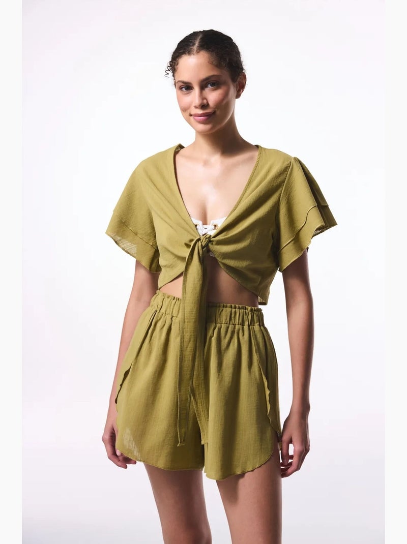 Blouse kort met strikdetail penti Kaki - Kiabi