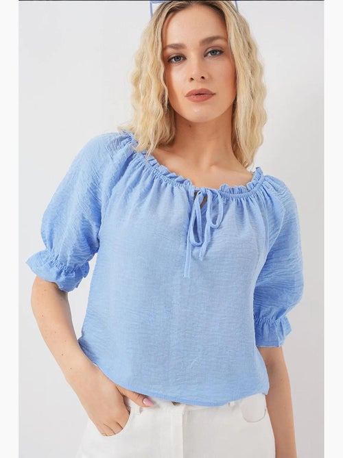 Blouse kort structuur boothals met pompons bdart - Kiabi